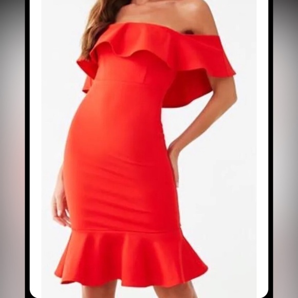Forever 21 Red Flounce Ruffle Sleeve Trim Off Shoulder Mini Cocktail Dress Sz M - Picture 1 of 7